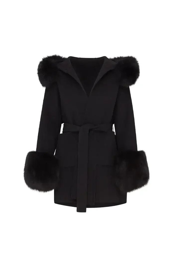 Luxurious fake fur coat with hood